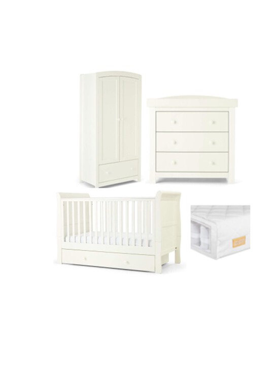 Mia 4 Piece Cotbed with Dresser Changer, Wardrobe, and Essential Pocket Spring Mattress Set- White image number 1